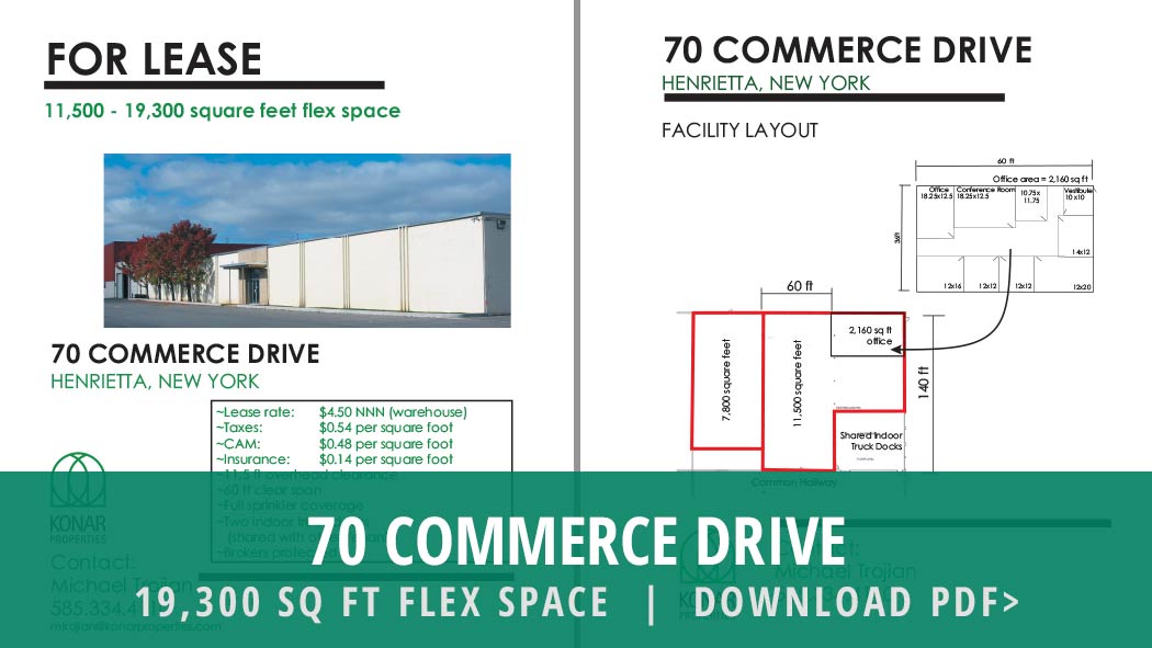 Click here to download information sheet for 70 Commerce Drive, with 11,500 - 19,300 square feet of flex space